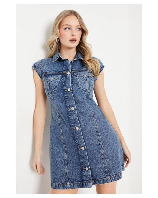 Oasis Blue Denim Sleeveless Button Through Mini Dress