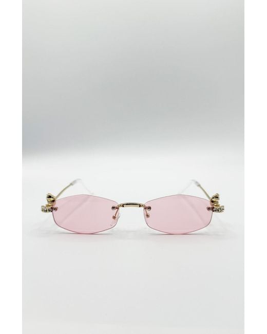 SVNX Pink Rimless Oval Diamante Sunglasses
