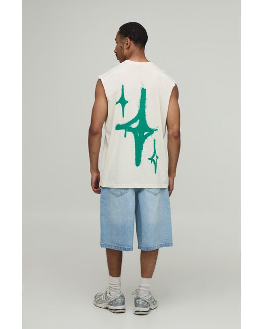 BoohooMAN Green Oversized Star Graffiti Spray Print Tank Cotton for men