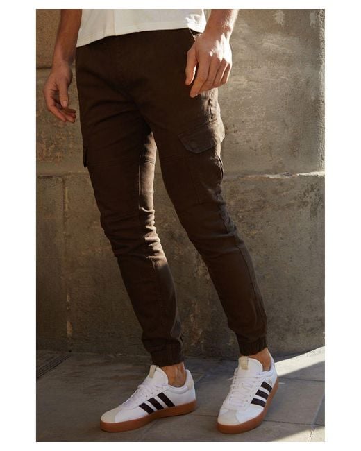 Threadbare Brown 'Belfast' Cotton Jogger Style Cargo Trousers With Stretch for men
