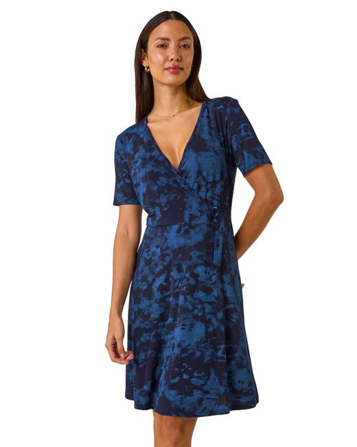 Roman Blue Stretch Tie Dye Buckle Wrap Dress