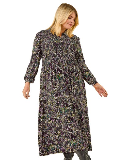 Roman Gray Curve Abstract Print Shirred Midi Dress