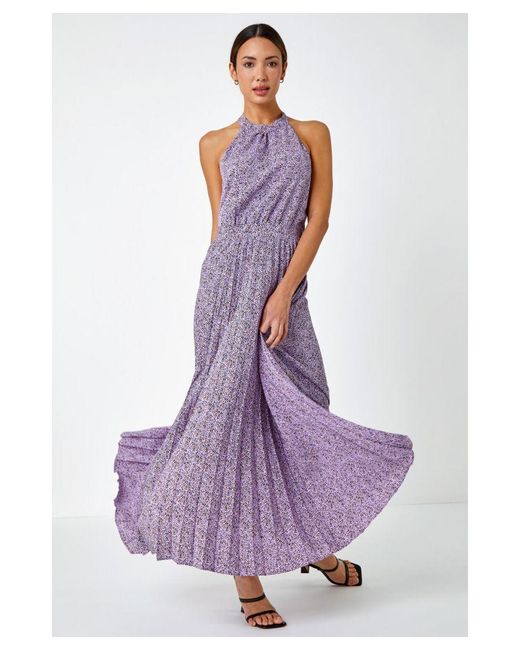 Roman Purple Animal Print Halter Neck Maxi Dress