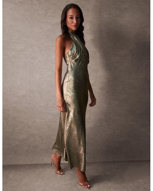 Blue Vanilla Brown Luxe Twist Front Halter Neck Lame Dress