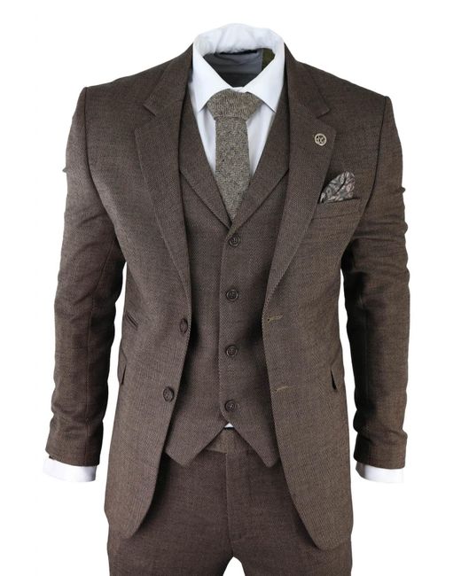 TruClothing Brown 3 Piece Tweed Herringbone Suit Peaky Blinders Classic Tailored for men