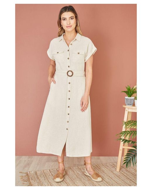 Yumi' Natural Stone Viscose Linen Look Midi Shirt Dress With Wooden Belt