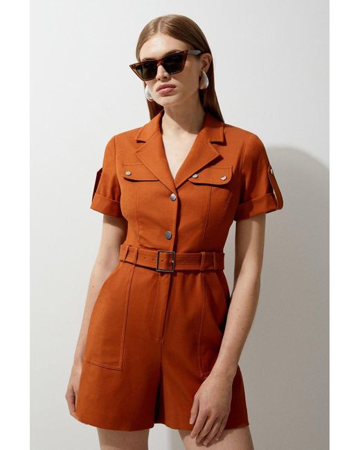 Karen Millen Orange Tailored Cotton Stretch Belted Playsuit