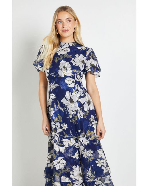 Wallis Blue Petite Floral Burn Out Ruffle Midi Dress