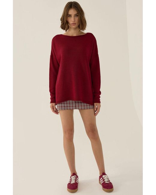 Hiccup Red Striped Ribbed Boat Neck Sweater