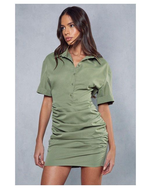 MissPap Green Poplin Short Sleeve Ruched Shirt Dress