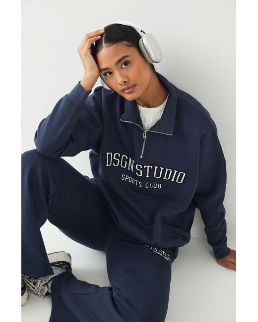 DSGN Studio Blue Applique Oversized Half Zip Sweatshirt