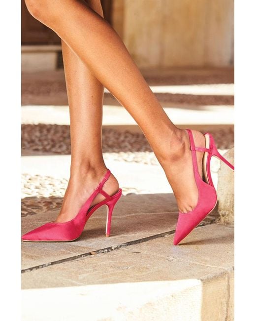 Sosandar Pink Peyton Hot Satin Flared Heel Pointed Toe Slingback Court Suede