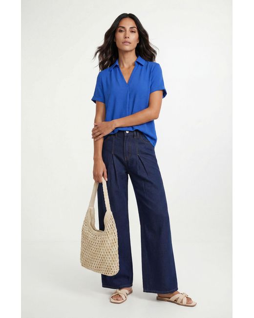 Wallis Blue Woven Roll Sleeve Overhead Shirt