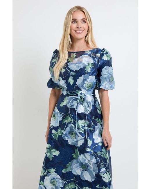 Wallis Blue Petite Floral Organza Puff Sleeve Midi Dress