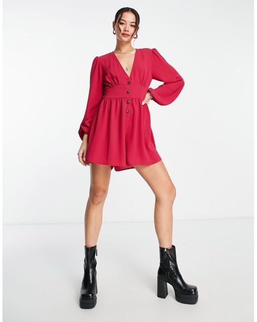 ASOS Red Crepe Plunge Neck Playsuit With Puff Sleeve