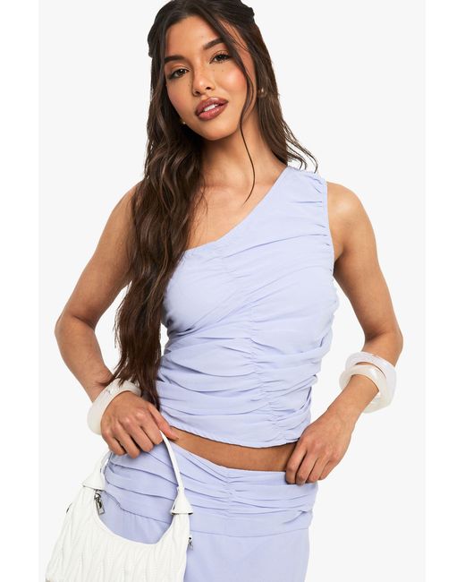 Boohoo White Chiffon Ruched One Shoulder Crop