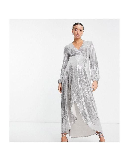 Flounce London White Maternity Long Sleeve Wrap Maxi Dress