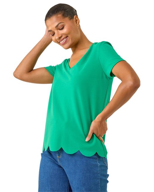 Roman Green Scalloped Hem V-Neck T-Shirt