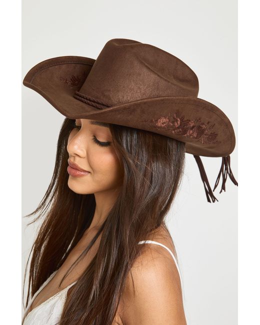 Boohoo Brown Rose Embroidered Detail Western Cowboy Hat