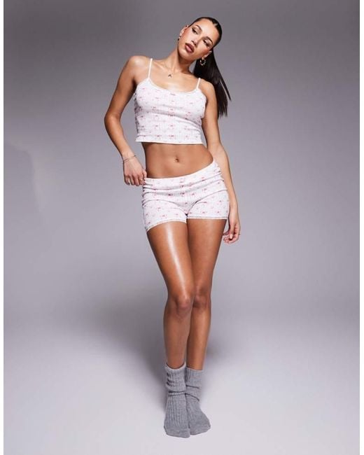 Kaiia White Exclusive Cotton Rich Pointelle Rose Detail Cami Pyjama Top Co-Ord
