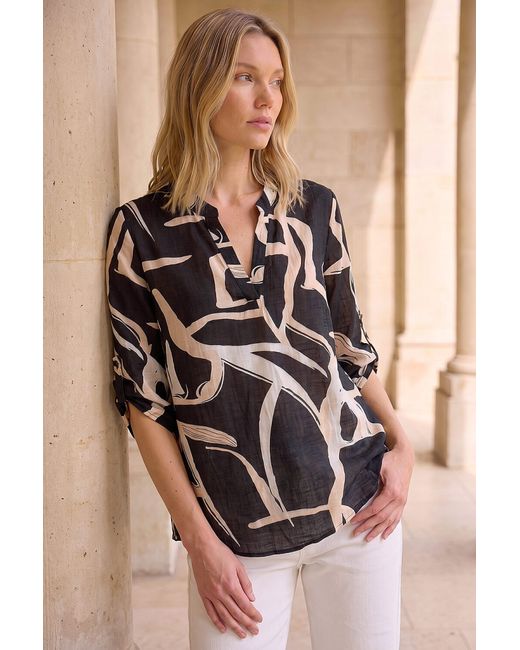 Roman Black Abstract Print V-Neck Top