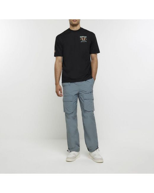 River Island Blue T-Shirt Regular Fit Japanese Graphic Cotton for men