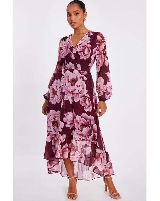 Quiz Petite Burgundy Floral Tiered Midaxi Dress