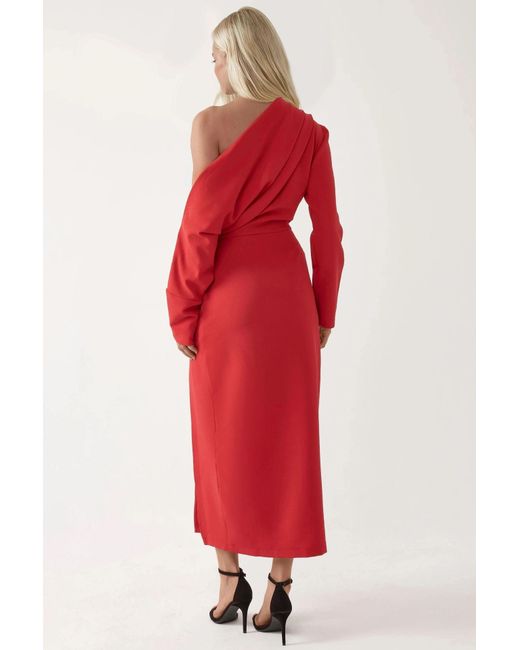 Hiccup Red Asymmetrical Collar Bodycon Midi Dress With Slit