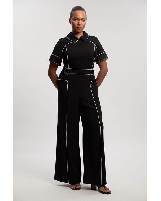 Karen Millen Black Plus Size Compact Stretch Contrast Tipped Tab Detail Tailored Jumpsuit