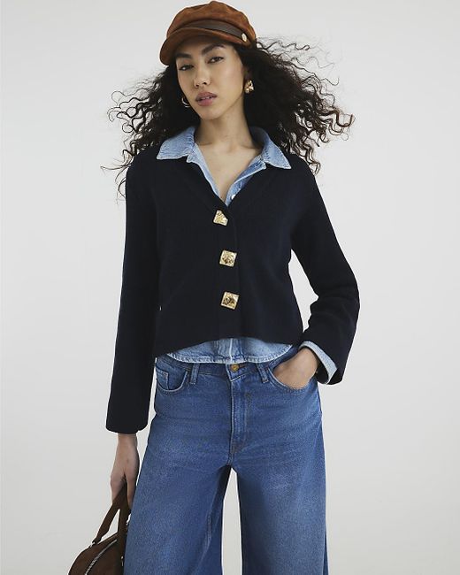 River Island Blue Cardigan Long Sleeve Button