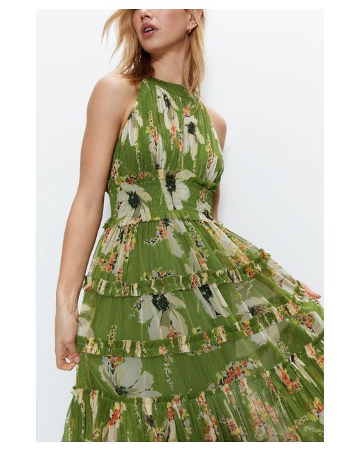 Warehouse Green Floral Printed Tulle Keyhole Halter Maxi Dress
