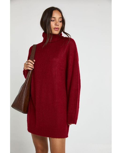 Boohoo Red Super Soft Brushed Knit Roll Neck Mini Dress