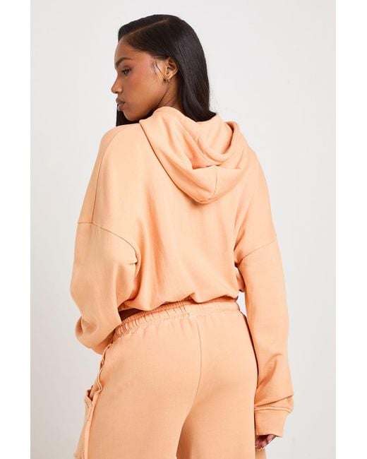 Boohoo Natural Washed Loopback Elasticated Hem Zip Through Hoodie