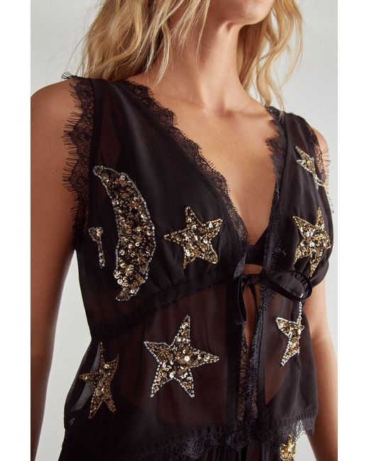 Nasty Gal Black Embellished Moon & Star Tie Front Beach Waistcoat
