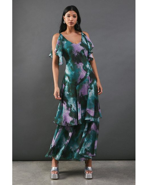 Warehouse Green Abstract Strappy Chiffon Tendril Layer Midi Dress