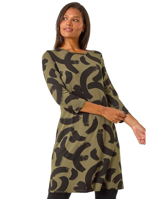Roman Green Brushstroke A-Line Stretch Dress