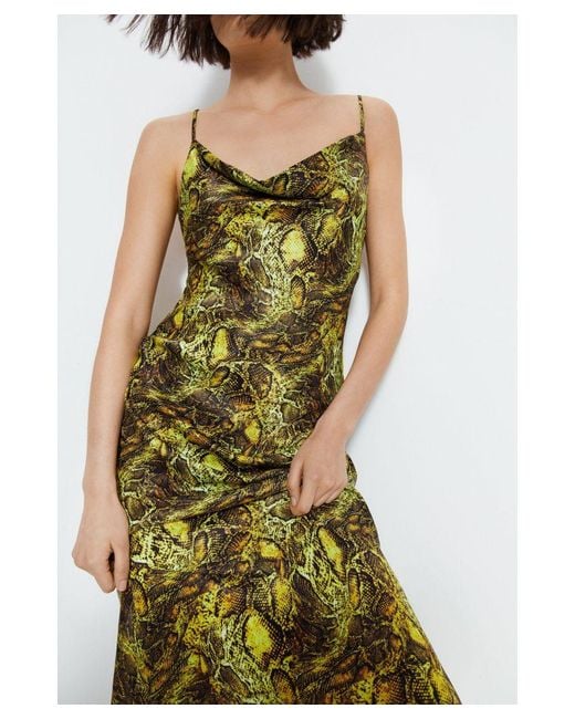 Warehouse Green Snake Print Satin Cowl Slip Dress
