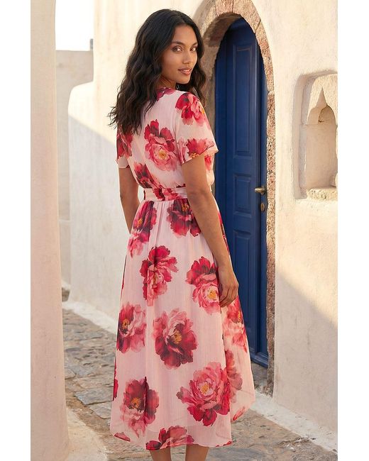 Roman Red Floral Print Midi Wrap Dress
