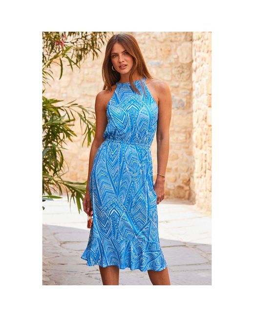 Sosandar Blue Aztec Print Stretch Waist Midi Jersey Dress Lace