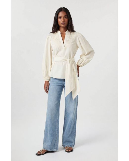 Karen Millen Blue Poplin Embroidered Detail Belted Blouse
