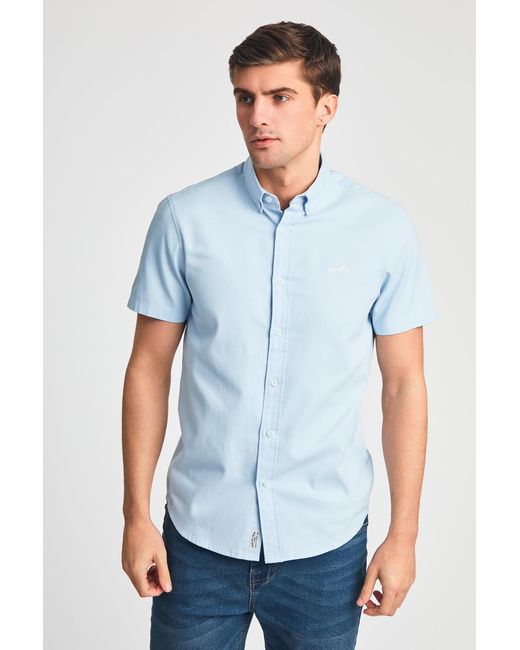 Tokyo Laundry Blue Cotton Short Sleeved Button-Up Oxford Shirt for men
