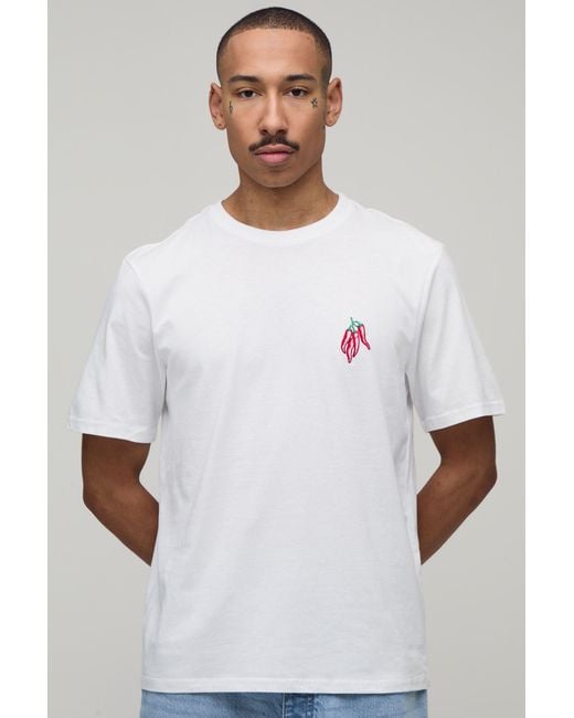 BoohooMAN White Regular Fit Chilli Embroidered T-Shirt for men