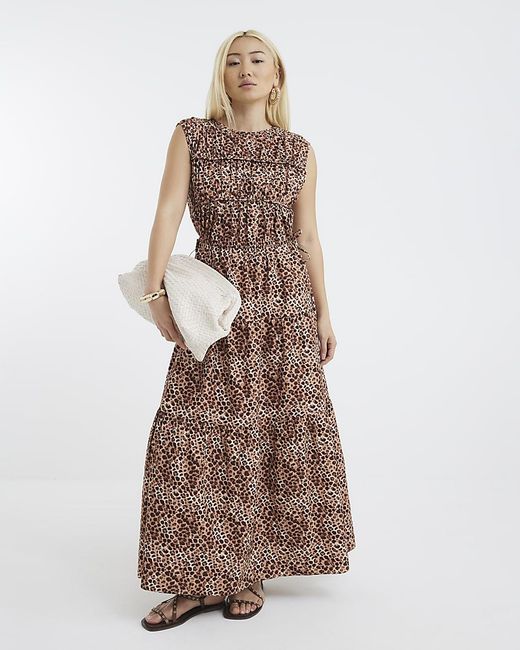 River Island Brown Maxi Dress Leopard Drawstring Tiered Cotton