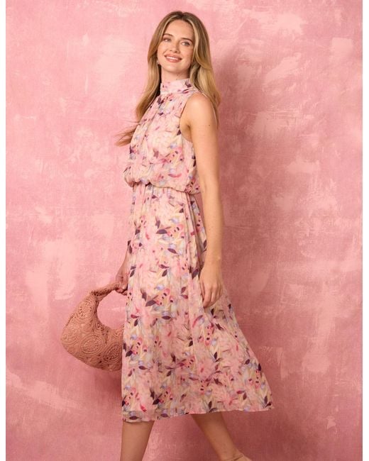 Blue Vanilla Pink Watercolour Printed Sleeveless Midi Dress