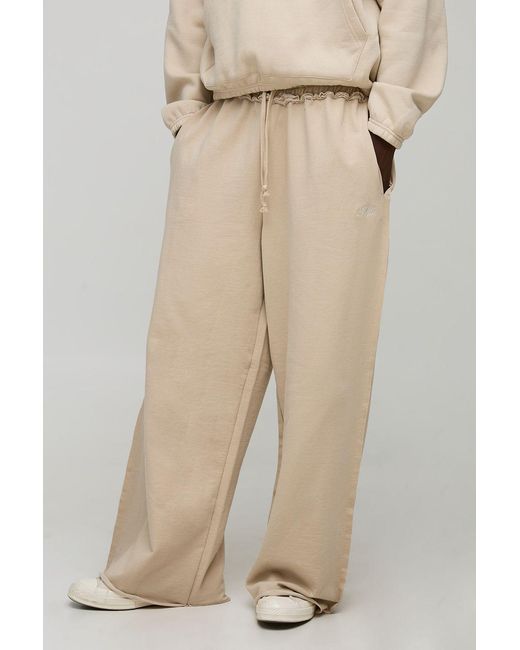 BoohooMAN Natural Extreme Wide Leg Loopback Script Embroidered Raw Hem Joggers for men