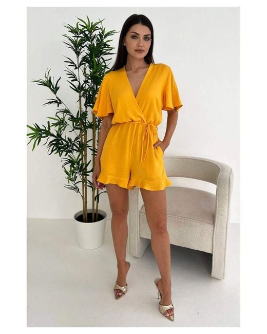 AX Paris Yellow Butterfly Sleeve Wrap Top Tie Waist Playsuit