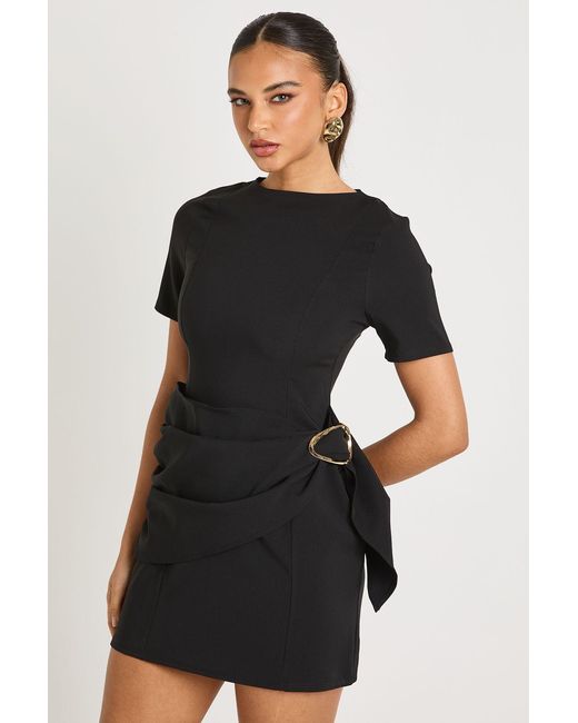 Boohoo Black Belted Wrap Trim Detail Shift Dress
