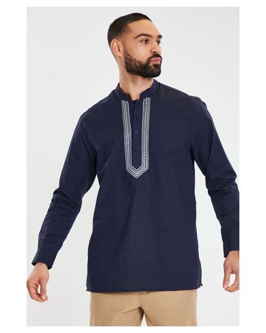 Threadbare Blue Navy 'braden' Long Sleeved Cotton Kurta Tunic Shirt for men