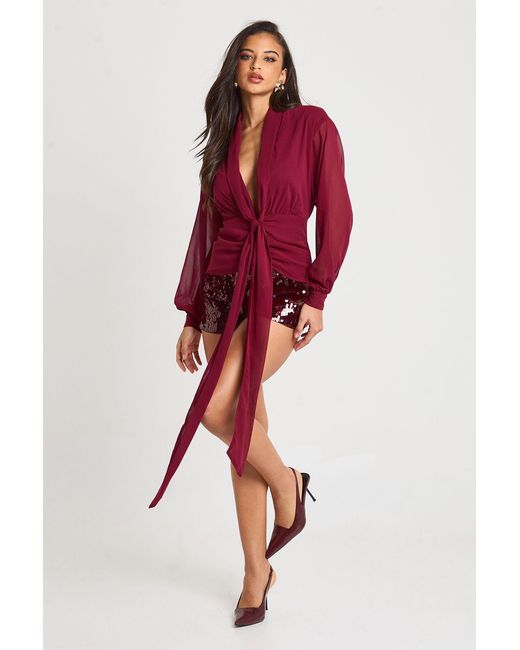 Boohoo Red Chiffon Draped Blouse