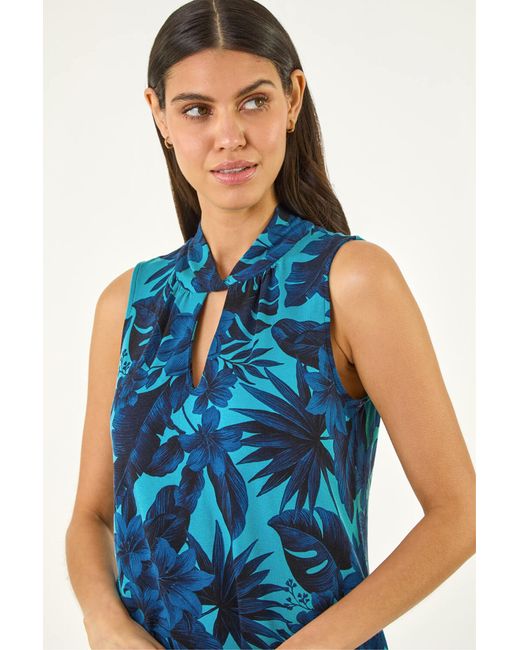 Roman Blue Floral Keyhole Hanky Hem Top